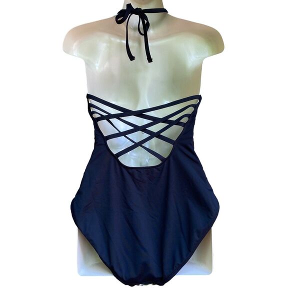 La Blanca Black Plunge Control Cross Strappy Back Maillot Swimsuit Size 14 - Picture 3 of 10
